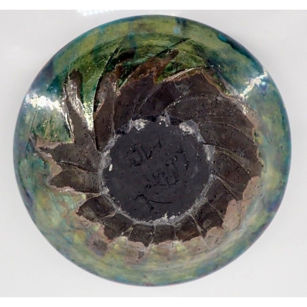 Turquoise Blue Signed Raku Sculpture Pottery Vase Bowl Iridescent Drip Glaze 8" - Picture 8 of 16